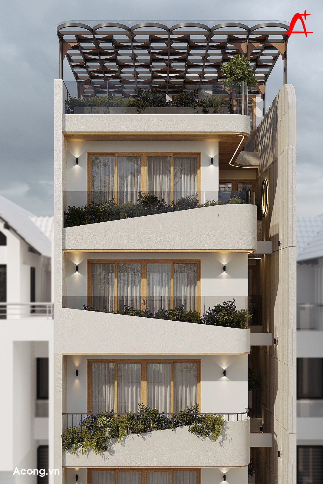 Ban công sử dụng kính trong, trần ốp gỗ và ánh sáng hắt tạo cảm giác ấm và tinh gọn